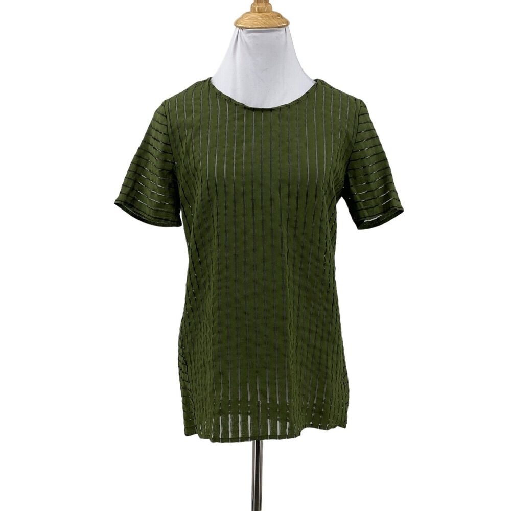 J. Crew Shadow Striped Shirt Womens 2 Green Semi Sheer Short Sleeve Back Zip Top